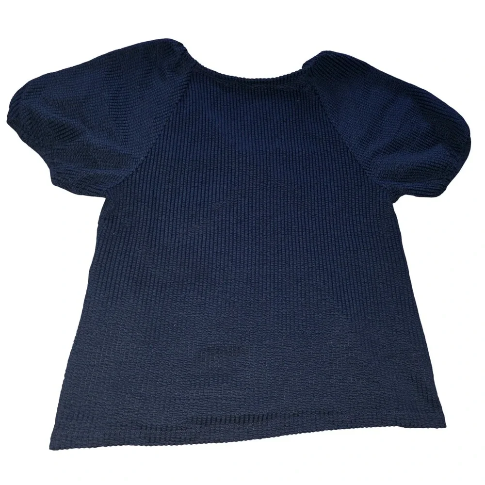 LOFT Navy Blue Seersucker Textured Twist Front Puff Sleeve Top‎ Women's Size L